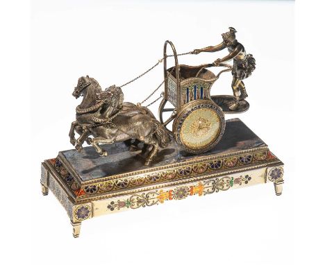 A VIENNESE SILVER, ENAMEL AND LAPIS LAZULI MANTEL CLOCK, IN THE FORM OF A ROMAN CHARIOT, CIRCA 1880 the wheel forms a clock c