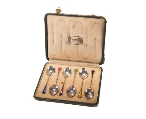A SET OF SIX GEORGE V SILVER AND ENAMEL SPOONS by Liberty &amp; Co Ltd, Birmingham 1935, each picked out with different colou