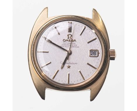 A GENTS GOLD-PLATED OMEGA CONSTELLATION WATCH HEAD circular silver linen textured dial signed Omega Automatic Chronometer Off