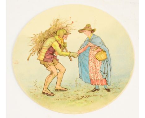 A late 19th century circular ceramic plaque by E.A. Lemann, after Walter Crane,  of a woodman and a maiden, diameter 21cm. CO