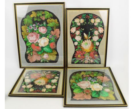 Four late 19th/early 20th century German chair tapestry designed panels, comprising two floral decorated shaped back designs 