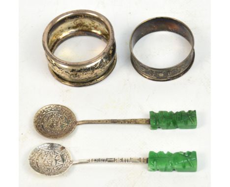 A pair of 925 sterling silver Mexican souvenir spoons with Mexican calendar bowls and jade green hardstone Aztec figures to t