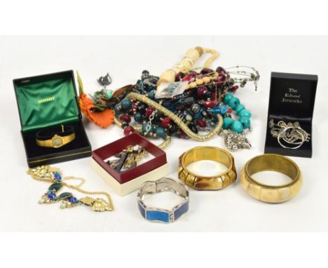 A small collection of costume jewellery including necklaces, bracelets, earrings and a lady's rotary wristwatch, etc. 
