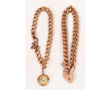 A 9ct rose gold link bracelet with engraved heart shaped padlock fastener, every other link textured and another similar chai