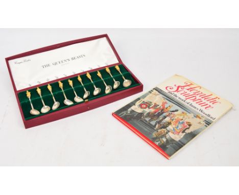 A cased matched set of ten modern hallmarked silver "The Queen's Beasts" spoons, each finial in the form of a mythical royal 