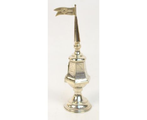 A mid 20th century Israeli silver spice tower of typical form, with octagonal central section surmounted with tapering finial