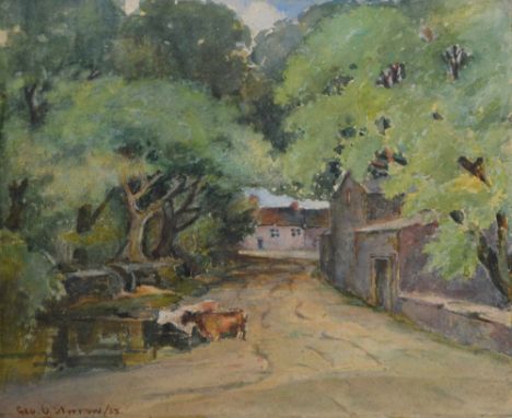 GEORGE STORROW; watercolour "The Pond to the Village", signed, dated 1935 and inscribed verso, 25.5 x 29cm, also an etching b