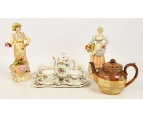 A small collection of mixed ceramics comprising two Continental figures, a Continental small  tea for two set on a tray, a sm