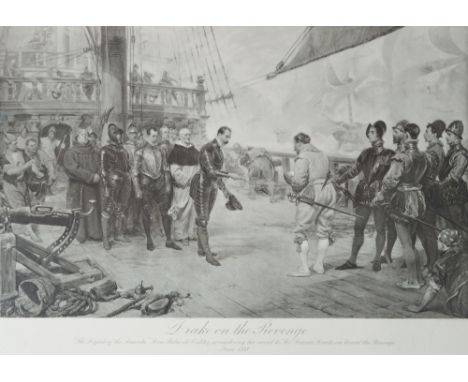 A large early 20th century black and white print "Drake on the Revenge", 66 x 88cm, in carved oak frame, a large black and wh