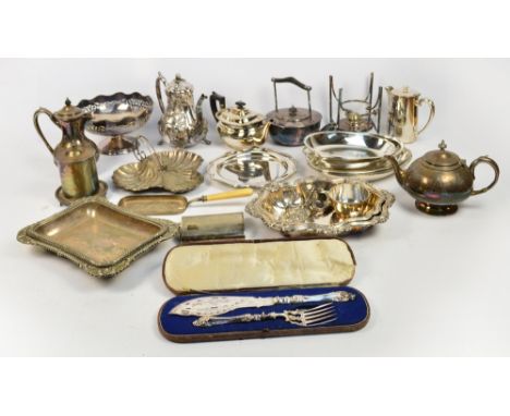 A quantity of silver plated items including teapots, coffee pots, a large hip flask, dishes, crumb scoop, etc.