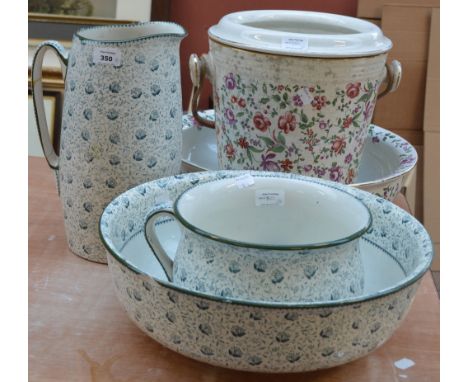 A Royal Doulton large jug, bowl and chamber pot, in green pattern on cream ground, bowl diameter 39.5cm and a ceramic bowl an