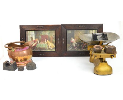 A mixed lot comprising a small copper oval shaped coal scuttle with handle, a set of shop balance scales by W&T Avery Ltd. of