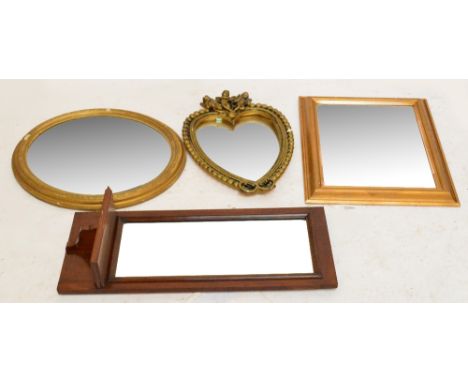 A walnut rectangular bevelled hall mirror with shelf and two gilt framed mirrors, heart and oval shaped (3).