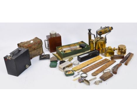 A quantity of collectors' items including a boxed Motosteth, a Max Sivert of Sweden brass blow lamp, folding rule, two camera
