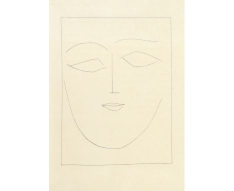 After PICASSO; a print of a simple line drawing of a face within a drawn frame, unsigned, details on label verso, Gold Mark G