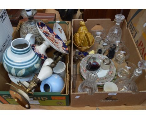 Two boxes of decorative ceramics and glass including paperweight, lamp base, large jug, pair of decorative lamps etc.