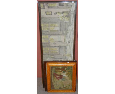 A large early 20th century machine woven tapestry, a 19th century woolwork tapestry in birds eye maple frame (af) and four fu