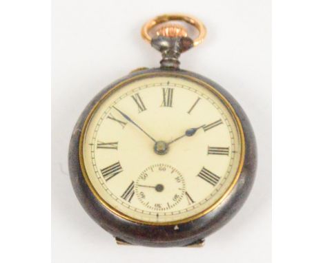 A base metal crown wind fob watch, the circular white enamel dial set with Roman numerals and subsidiary seconds hand, with t