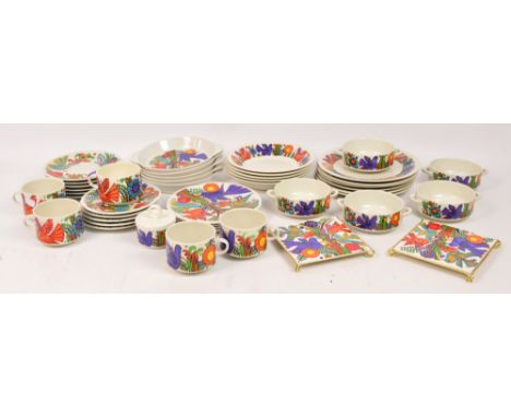 A c.1970 Villeroy & Boch "Acapulco" pattern part tea and dinner service comprising six dinner plates, five gratin dishes, fiv