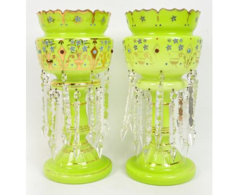 A pair of late 19th century Continental Kelb lime green glass lustres with two tiers of prism drops, enamel floral painted de