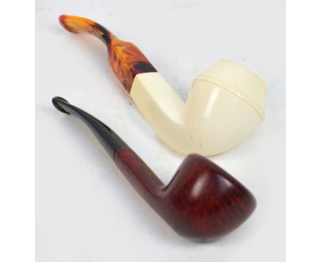 A modern cased plain cut Meerschaum pipe with amber coloured mouth piece and a burr wood Italian example inscribed "Savinelli