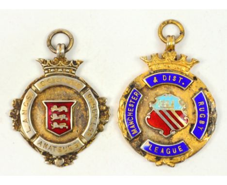Rugby League; a silver gilt enamel decorated medallion inscribed "Manchester & Dist. Rugby League", inscribed to the reverse 