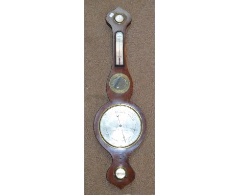 An early 19th century mahogany and chevron strung five dial wheel barometer, height 94cm.