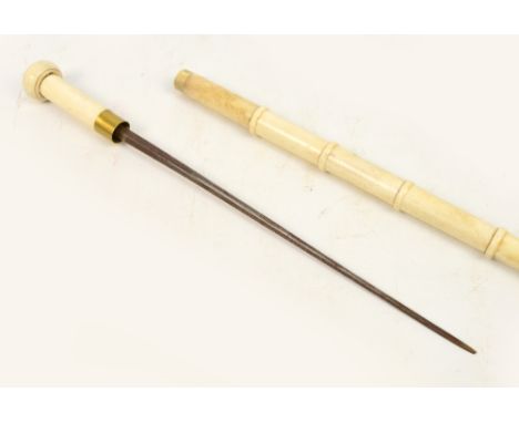 A late 19th century sword stick with ribbed bone scabbard and handle and steel blade, length 92cm.