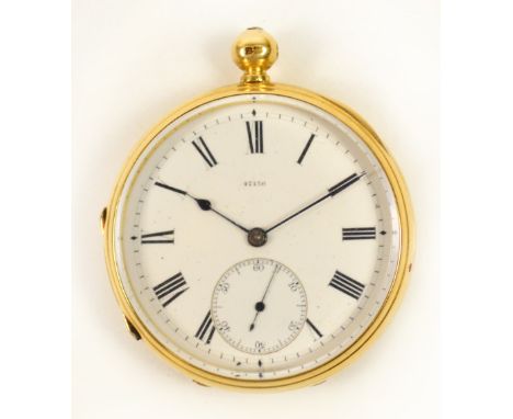 A late 19th century 18ct gold cased open faced manual wind pocket watch, the white enamel dial bearing Roman numerals and sub