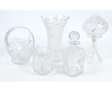 A small collection of cut glass items comprising a mushroom lamp, a large basket, a large vase, a jug and a decanter (5).