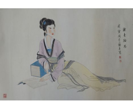 Four decorative 20th century Chinese scroll paintings to include a goat, 82 x 44cm, a study of grapes, women on horseback and