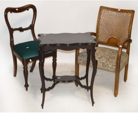 An early 20th century oak bergère elbow chair with sunrise patterned back and stuffover seat, a Victorian dining chair with c