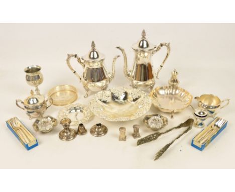 A quantity of electroplated items including a four piece tea service, Viner's, Sheffield, three dishes, pastry forks, etc.