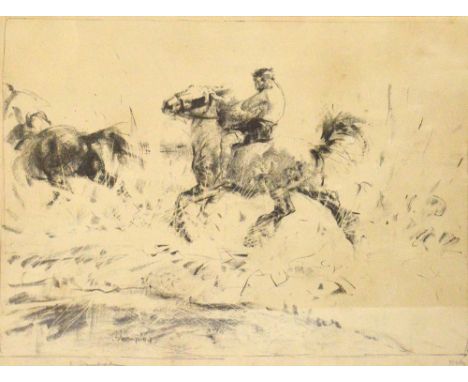 After EDMUND BLAMPIED; a signed limited edition black and white print of galloping horses with a bare back rider, signed and 