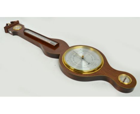 A 20th century Sewills of Liverpool mahogany banjo barometer with a large circular dial below thermometer and hygrometer, als