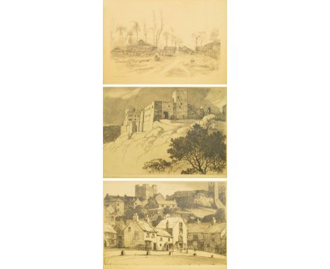 A collection of three black and white etchings of buildings and village scenes by the same artist, indistinctly signed in pen