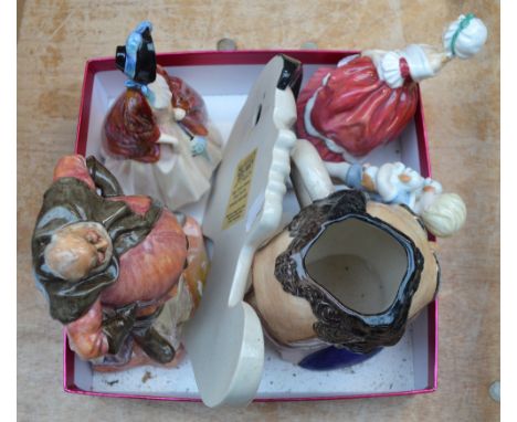 Three Royal Doulton figures; HN2054 "Falstaff", HN1988 "Paisley Shawl" and HN2038 "Peggy", a Royal Worcester figure "Monday B