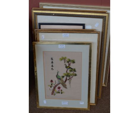 ALFRED WATSON; watercolour, river landscape, signed, three Japanese prints, a pair of modern Japanese needlework pictures and