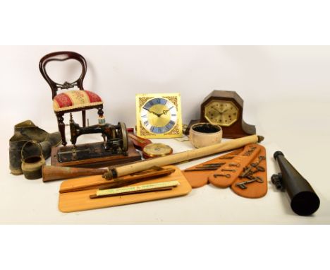 A quantity of collectors' items including a sewing machine, child's chair, modern brass clock face and keys, bells, carpet be