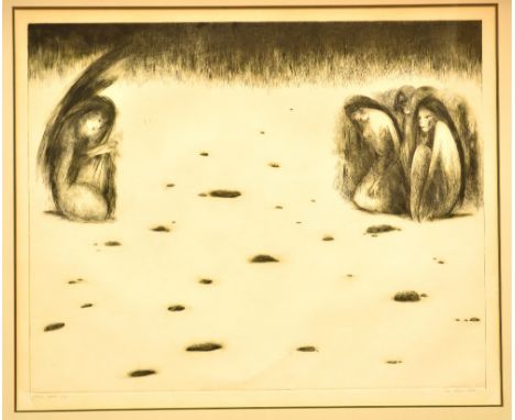 After SILVI LIIVA; signed limited edition abstract etching depicting nude females kneeling, no.6/20, signed and dated in penc