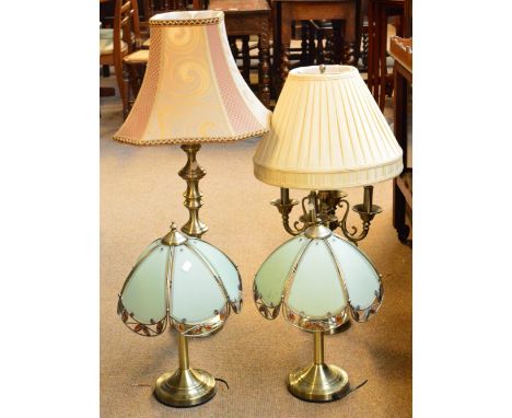 A pair of modern decorative table lamps, a large modern table lamp and a further table lamp with four scrolling bracket arms 