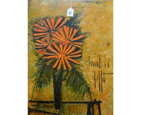 After BERNARD BUFFET: coloured print of stylised flowers in vase, 68 x 45cm and two smaller examples, unframed (3).