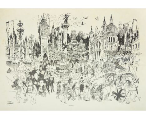 After WILLIAM PAPAS; a signed print, humorous political cartoon "London", signed, dated 1968, 50 x 70cm, framed and glazed.