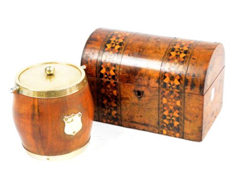 A 19th century walnut dome topped tea caddy with geometric strapwork inlay, the hinged lid enclosing two dome topped compartm