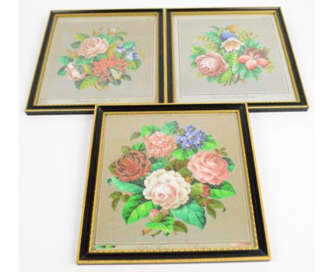 Three late 19th/early 20th century German hand painted tapestry panel designs, each depicting floral sprays on a grid backgro