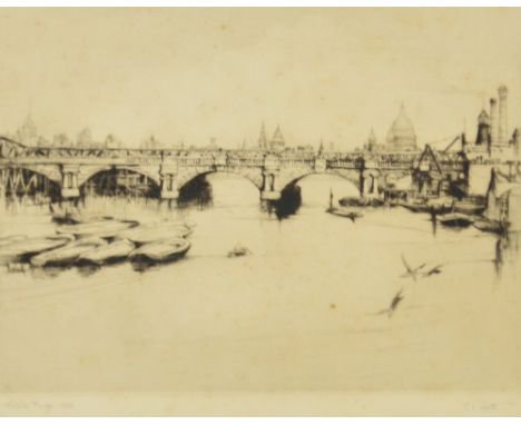 S.L. SCOTT; a black and white etching "Waterloo Bridge", signed, inscribed and dated 1926, 23.5 x 32cm, framed and glazed.