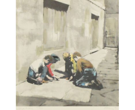 After HAROLD RILEY; a signed limited edition coloured print "Marbles", titled, numbered 268/500, 30 x 29.5cm, framed and glaz