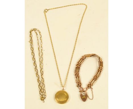 A 9ct rose gold gate chain bracelet with padlock, length 19cm, a 9ct yellow gold fine chain necklace, length 66cm and a 9ct y