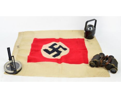 A cased pair of German binoculars inscribed "Goerz Berlin Marineterieder", 6 x 30, a leather cased large compass inscribed "D