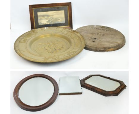 An early 20th century oak mirror, an oval mirror, brass tray, barrel lid, print and mirror from a dressing table.